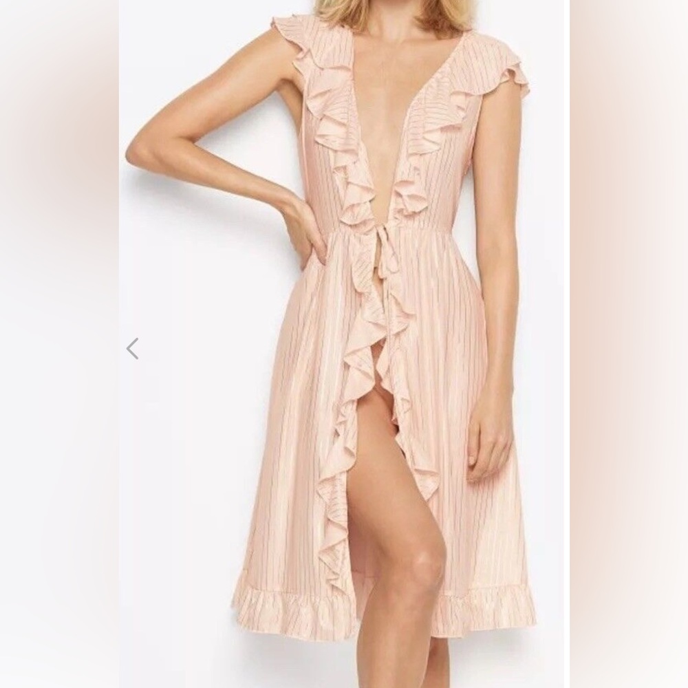 Victoria's Secret Dream Angels Ruffle Kimono Robe Duster Small GOLD/NUDE STRIPE